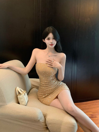 Chic Beading Sparkly Short Skirt Spaghetti Strap Breathable Sheath Short Dress AP0504