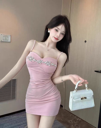 Beading Ornament Pink Hugging Short Skirt Sweet Girls Sheath Short Dress AP0505