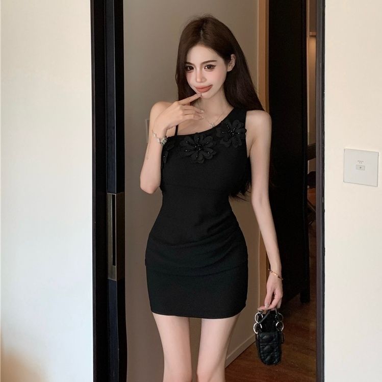 Chic Novelty One Shoulder Dress Asymmetrical Strap Waist-Cinching Short Dress AP0507