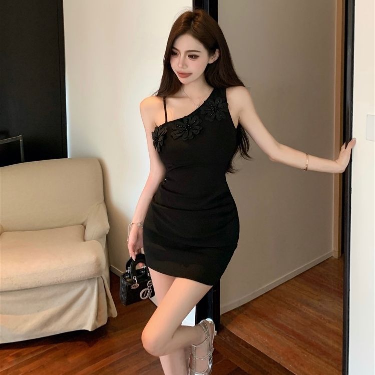 Chic Novelty One Shoulder Dress Asymmetrical Strap Waist-Cinching Short Dress AP0507