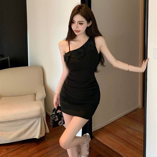 Chic Novelty One Shoulder Dress Asymmetrical Strap Waist-Cinching Short Dress AP0507