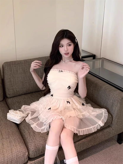 Cute Sleeveless Hem Lace Summer Mini Skirt Strapless Tulle Layered Vibrant Short Dress AP0508