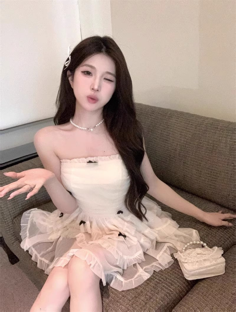 Cute Sleeveless Hem Lace Summer Mini Skirt Strapless Tulle Layered Vibrant Short Dress AP0508