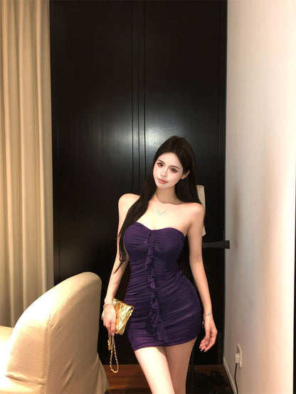 Ruffled Hem Sleeveless Chic Skirt Strapless Simple Open-Back Bodycon Short Dress AP0513