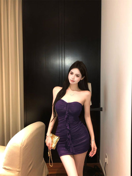 Ruffled Hem Sleeveless Chic Skirt Strapless Simple Open-Back Bodycon Short Dress AP0513