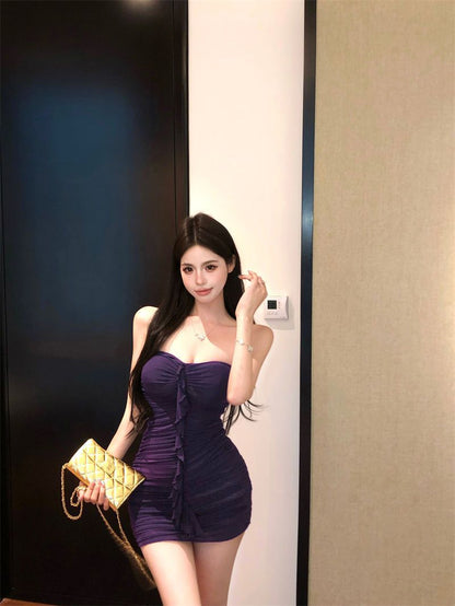 Ruffled Hem Sleeveless Chic Skirt Strapless Simple Open-Back Bodycon Short Dress AP0513