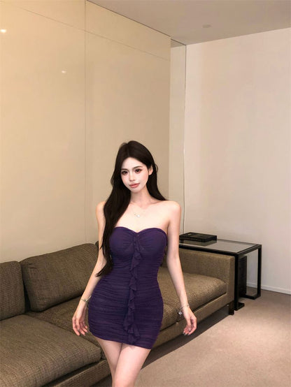 Ruffled Hem Sleeveless Chic Skirt Strapless Simple Open-Back Bodycon Short Dress AP0513