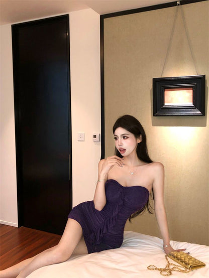 Ruffled Hem Sleeveless Chic Skirt Strapless Simple Open-Back Bodycon Short Dress AP0513