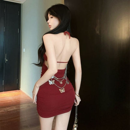 Chic Butterfly Waist Chain Hugging Mini Dress Vogue Y2K Backless Halter Short Dress AP0514