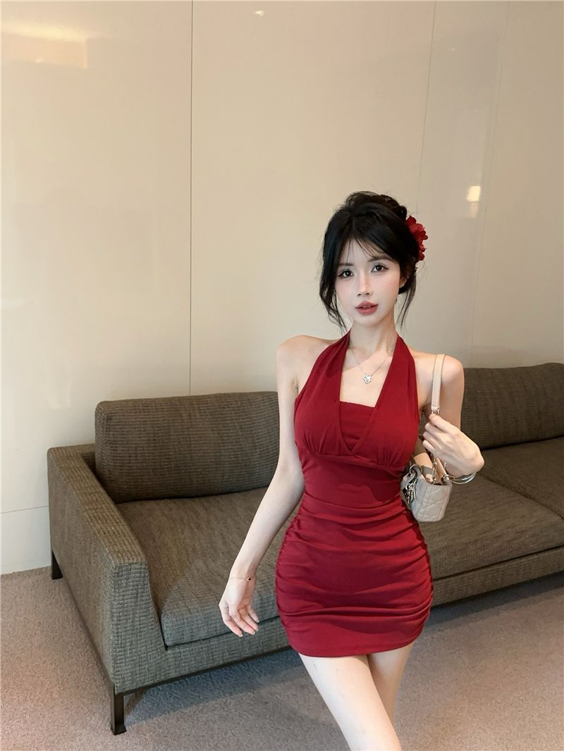 Hugging Y2K Backless Short Dress Chic Sleeveless Sexy Halter Mini Dress AP0515