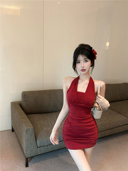 Hugging Y2K Backless Short Dress Chic Sleeveless Sexy Halter Mini Dress AP0515
