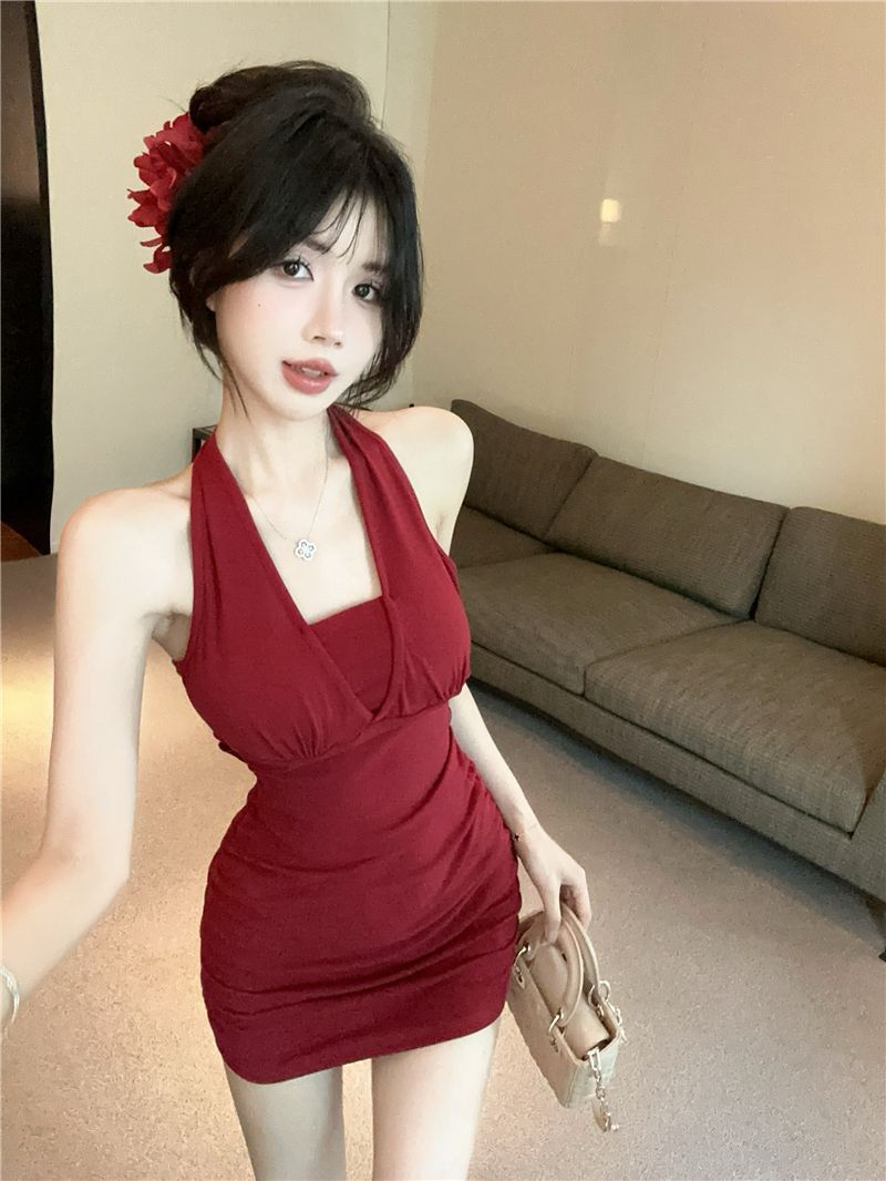 Hugging Y2K Backless Short Dress Chic Sleeveless Sexy Halter Mini Dress AP0515