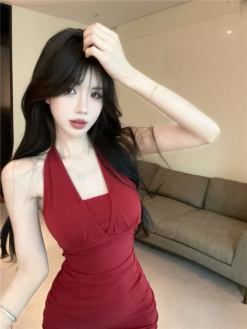 Hugging Y2K Backless Short Dress Chic Sleeveless Sexy Halter Mini Dress AP0515