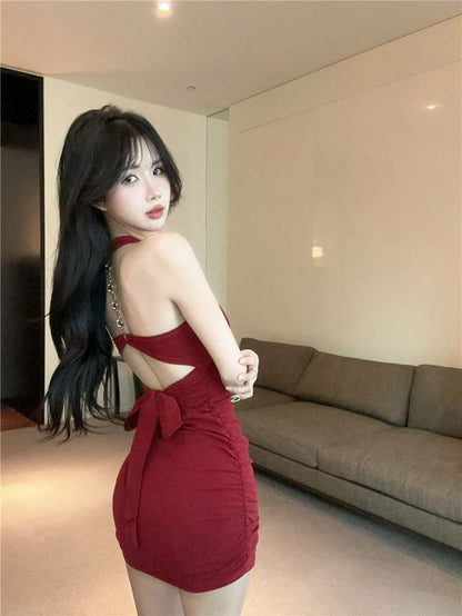 Hugging Y2K Backless Short Dress Chic Sleeveless Sexy Halter Mini Dress AP0515