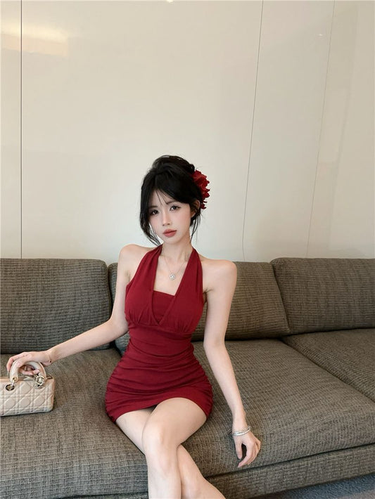 Hugging Y2K Backless Short Dress Chic Sleeveless Sexy Halter Mini Dress AP0515