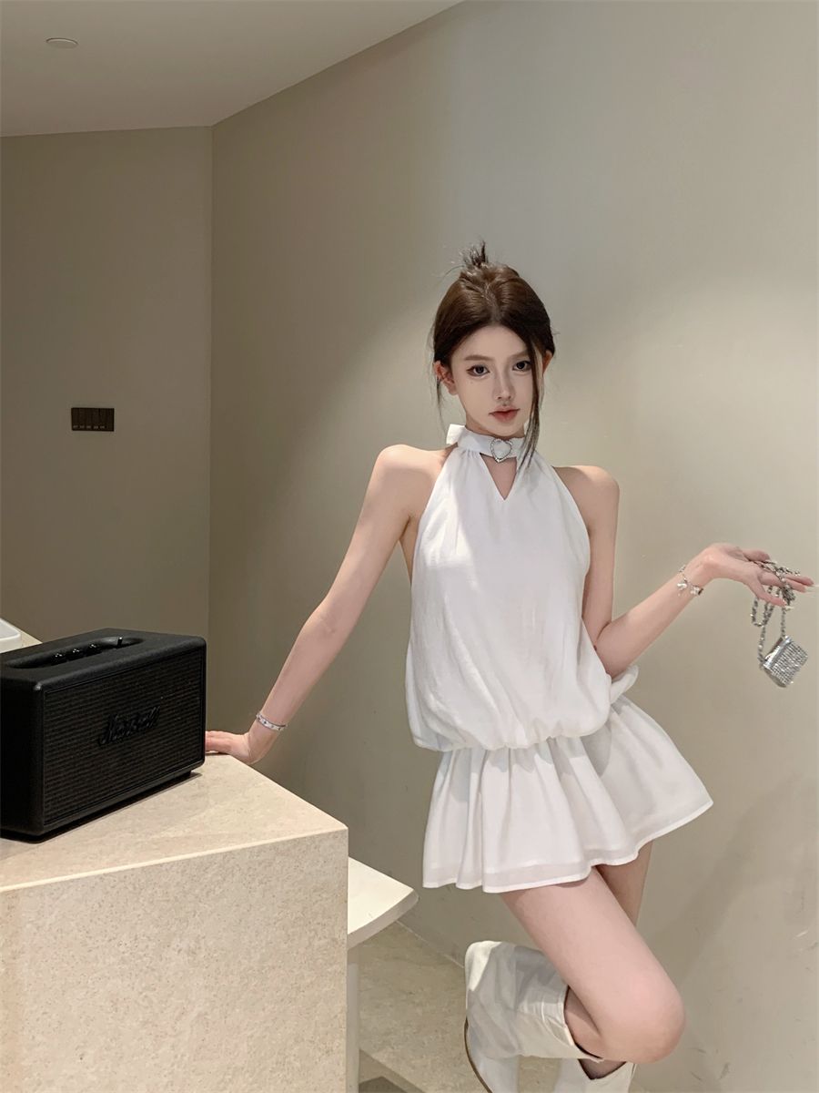 Newest Backless Flowy Mini Skirt Vintage Flowy Hem Sleeveless Halter Short Dress AP0516