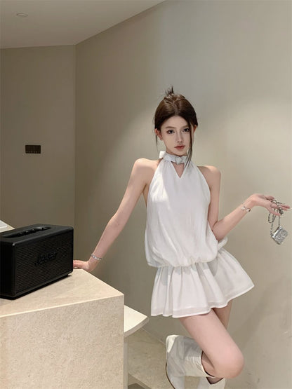 Newest Backless Flowy Mini Skirt Vintage Flowy Hem Sleeveless Halter Short Dress AP0516
