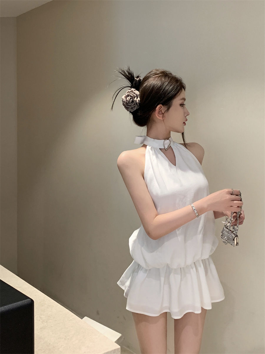 Newest Backless Flowy Mini Skirt Vintage Flowy Hem Sleeveless Halter Short Dress AP0516