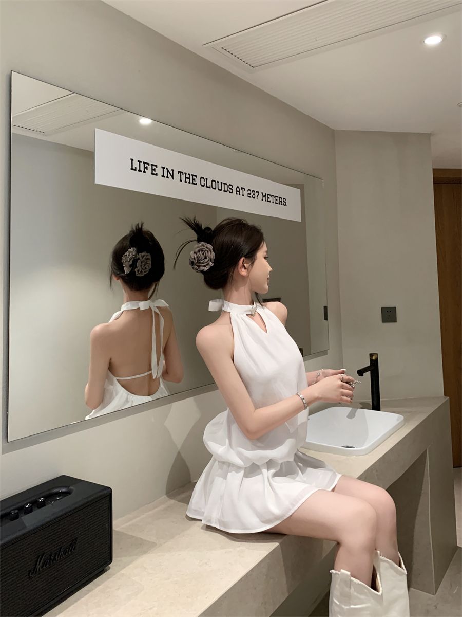 Newest Backless Flowy Mini Skirt Vintage Flowy Hem Sleeveless Halter Short Dress AP0516