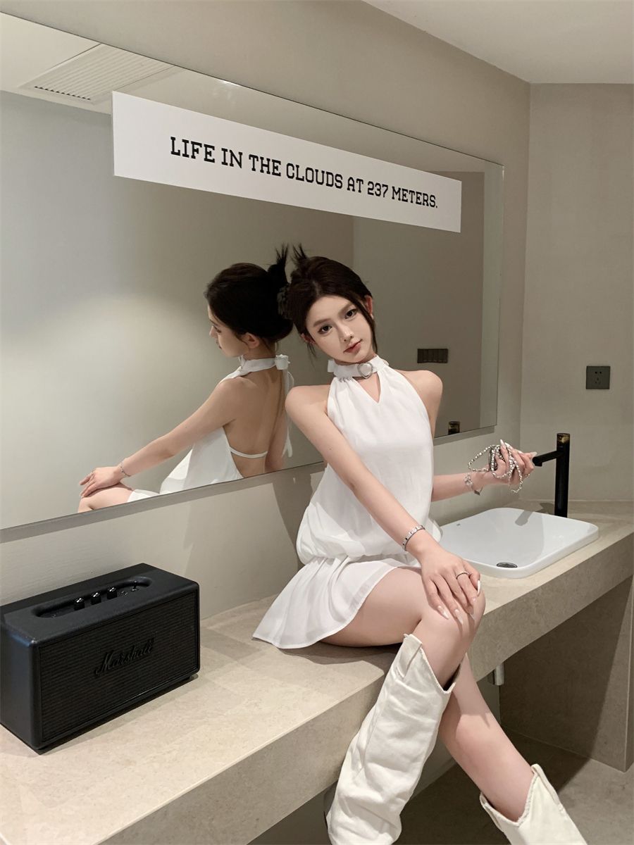 Newest Backless Flowy Mini Skirt Vintage Flowy Hem Sleeveless Halter Short Dress AP0516