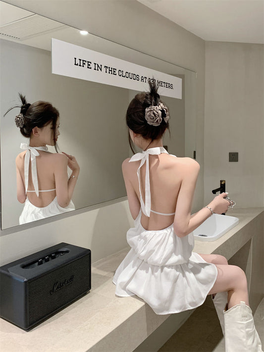 Newest Backless Flowy Mini Skirt Vintage Flowy Hem Sleeveless Halter Short Dress AP0516