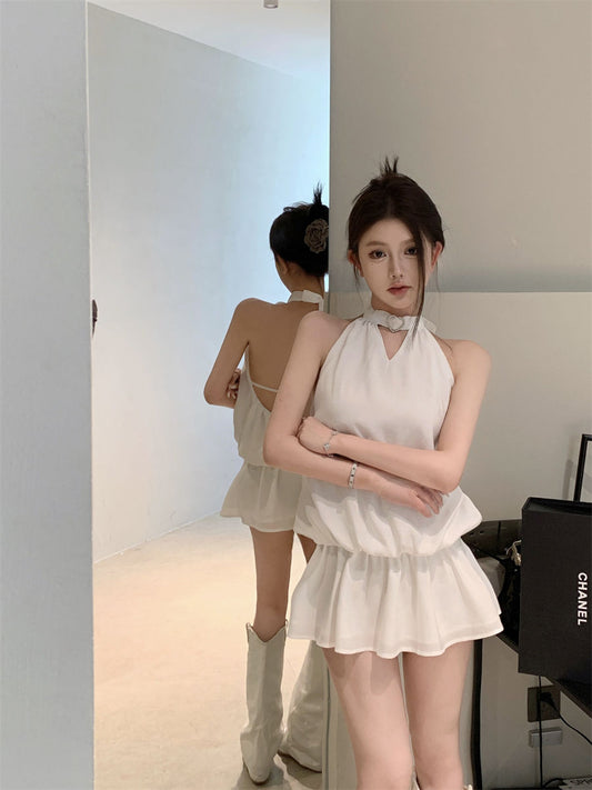 Newest Backless Flowy Mini Skirt Vintage Flowy Hem Sleeveless Halter Short Dress AP0516