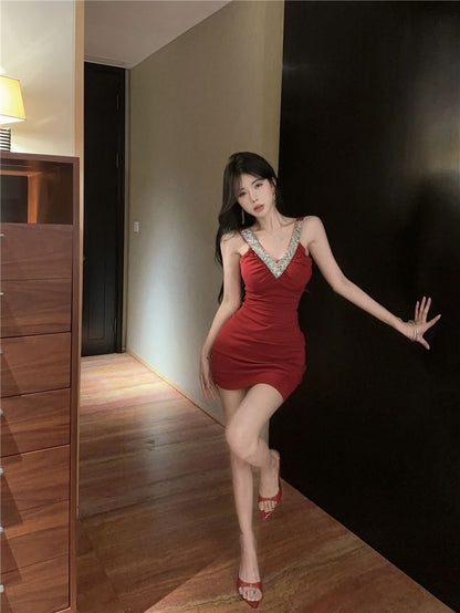 Chic Beading Ornament Hugging Short Skirt Sexy V Neck Sheath Short Dress AP0517