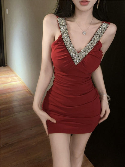 Chic Beading Ornament Hugging Short Skirt Sexy V Neck Sheath Short Dress AP0517