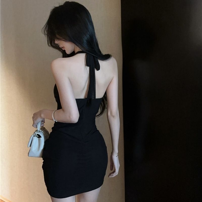 Rhinestones Ornaments Sheath Short Dress Sleeveless Y2K Sexy Halter Mini Dress AP0521