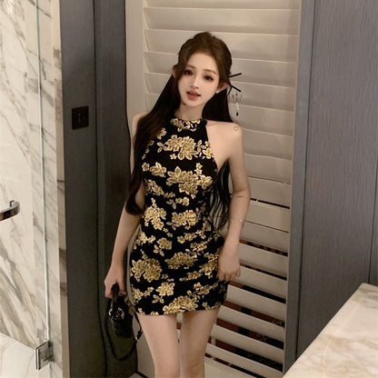 Floral Print Sheath Short Dress Sleeveless Oriental Style Sexy Halter Mini Dress AP0522