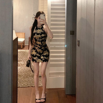 Floral Print Sheath Short Dress Sleeveless Oriental Style Sexy Halter Mini Dress AP0522