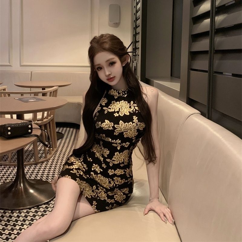 Floral Print Sheath Short Dress Sleeveless Oriental Style Sexy Halter Mini Dress AP0522