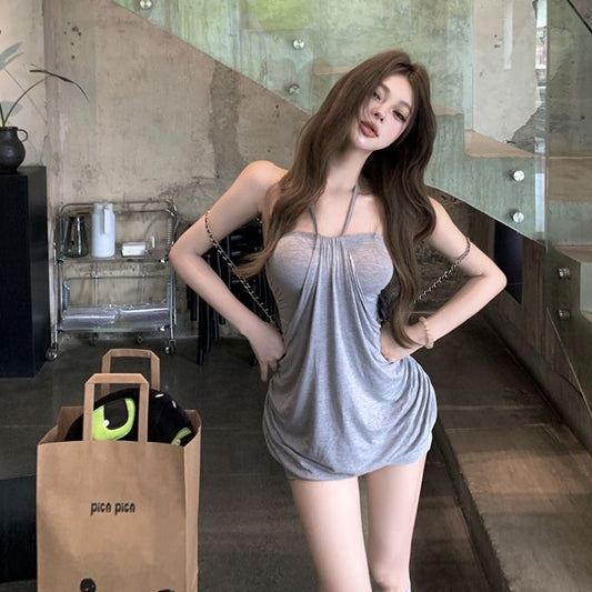 Sexy Flowy Draped Short Dress Sleeveless Soft Fabric Double Layers Halter Mini Dress AP0523