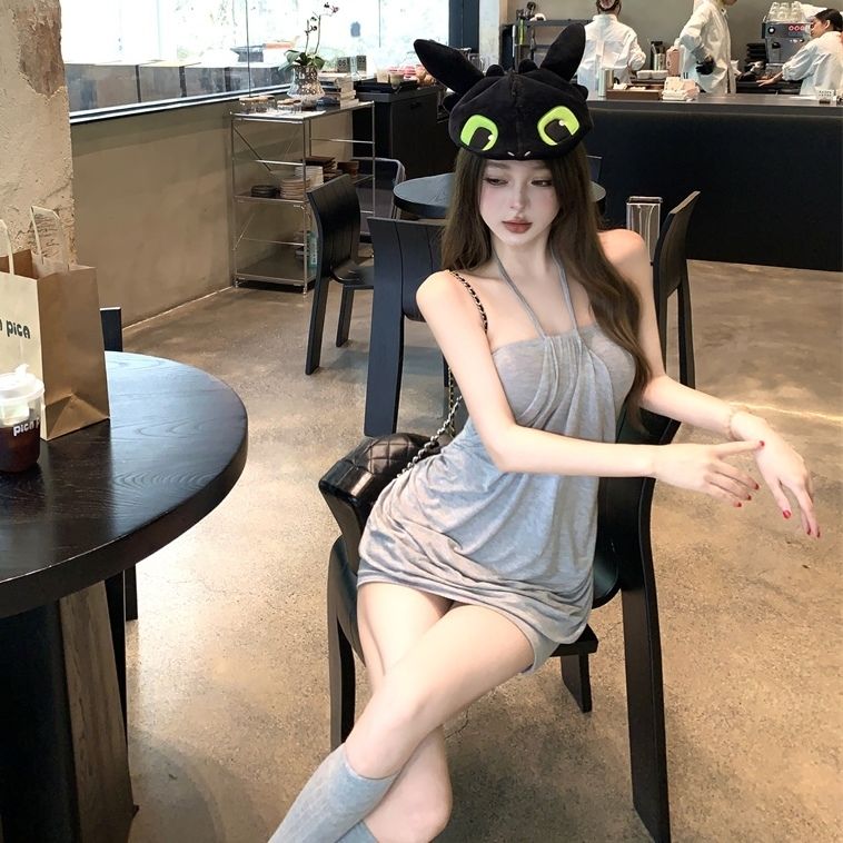 Sexy Flowy Draped Short Dress Sleeveless Soft Fabric Double Layers Halter Mini Dress AP0523