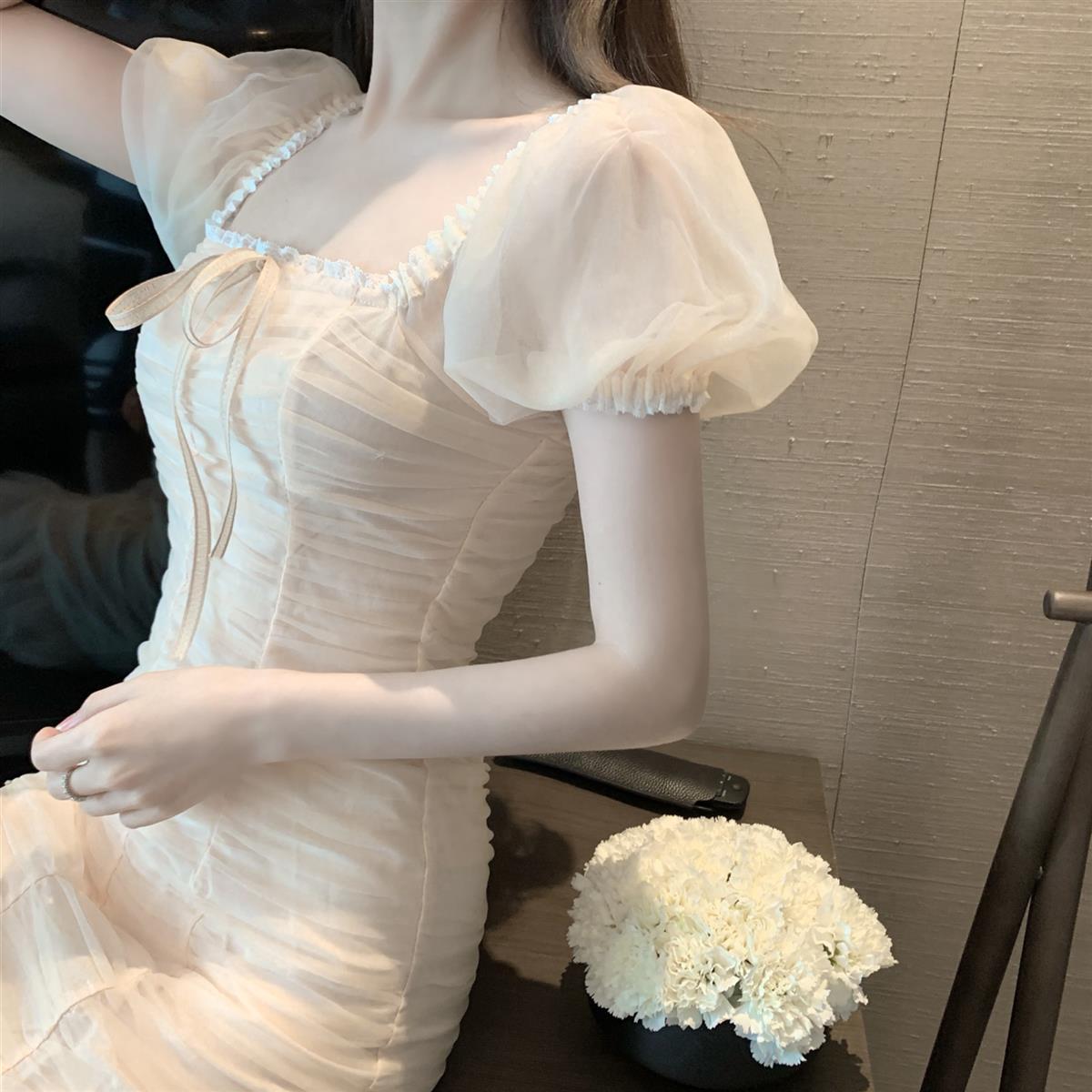 Splicing Tulle Everyday Wear Short Skirt Puff Sleeve Ruffles Lace Hem Sheath Short Dress AP0524