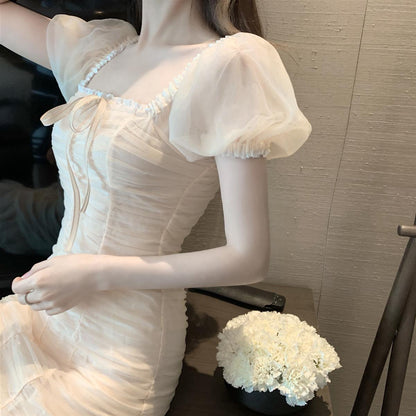 Splicing Tulle Everyday Wear Short Skirt Puff Sleeve Ruffles Lace Hem Sheath Short Dress AP0524