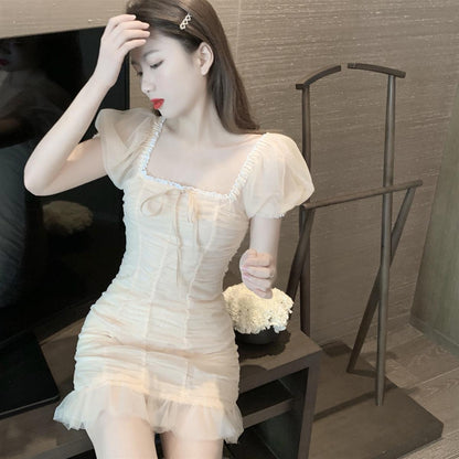 Splicing Tulle Everyday Wear Short Skirt Puff Sleeve Ruffles Lace Hem Sheath Short Dress AP0524