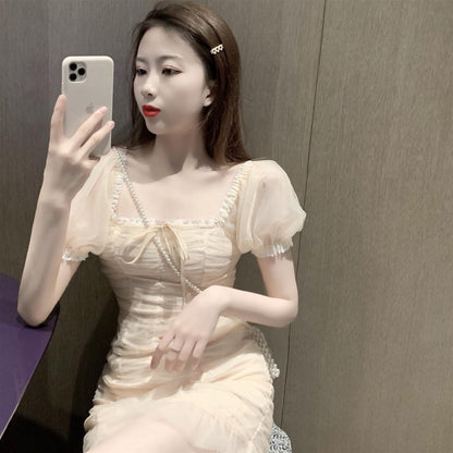 Splicing Tulle Everyday Wear Short Skirt Puff Sleeve Ruffles Lace Hem Sheath Short Dress AP0524