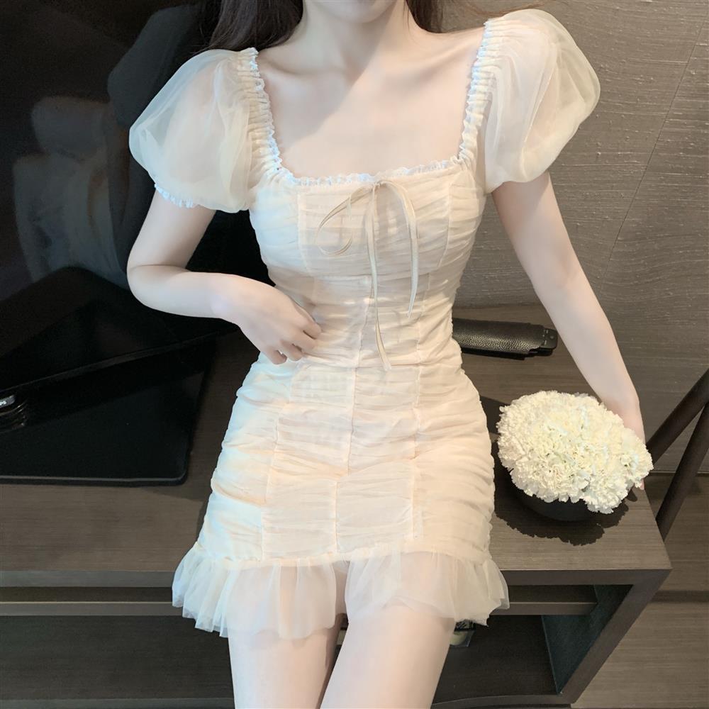 Splicing Tulle Everyday Wear Short Skirt Puff Sleeve Ruffles Lace Hem Sheath Short Dress AP0524