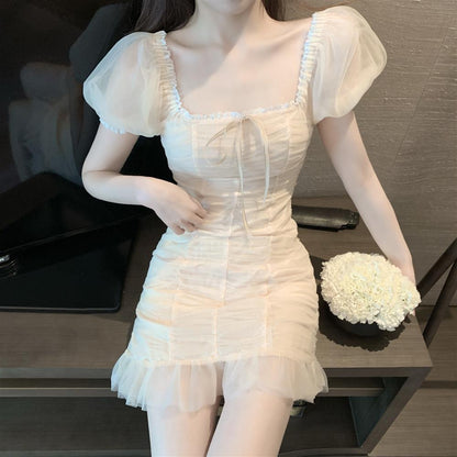 Splicing Tulle Everyday Wear Short Skirt Puff Sleeve Ruffles Lace Hem Sheath Short Dress AP0524