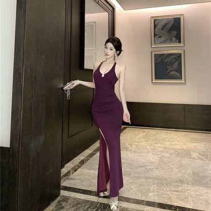 Simple  Elegant Party High-Slit Mermaid Dress Photo Ready Bodycon Halter Long Dress AP0526
