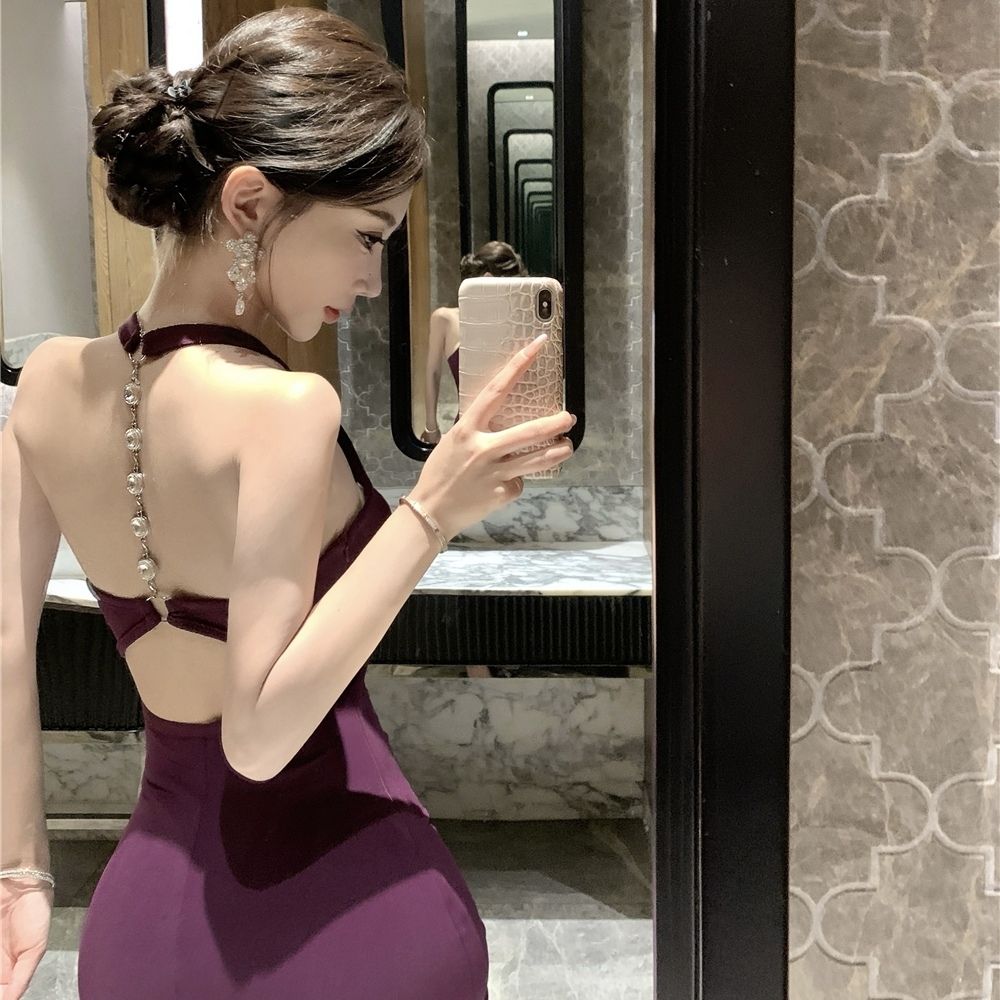 Simple  Elegant Party High-Slit Mermaid Dress Photo Ready Bodycon Halter Long Dress AP0526