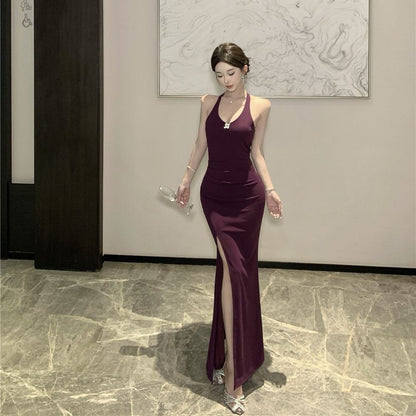 Simple  Elegant Party High-Slit Mermaid Dress Photo Ready Bodycon Halter Long Dress AP0526