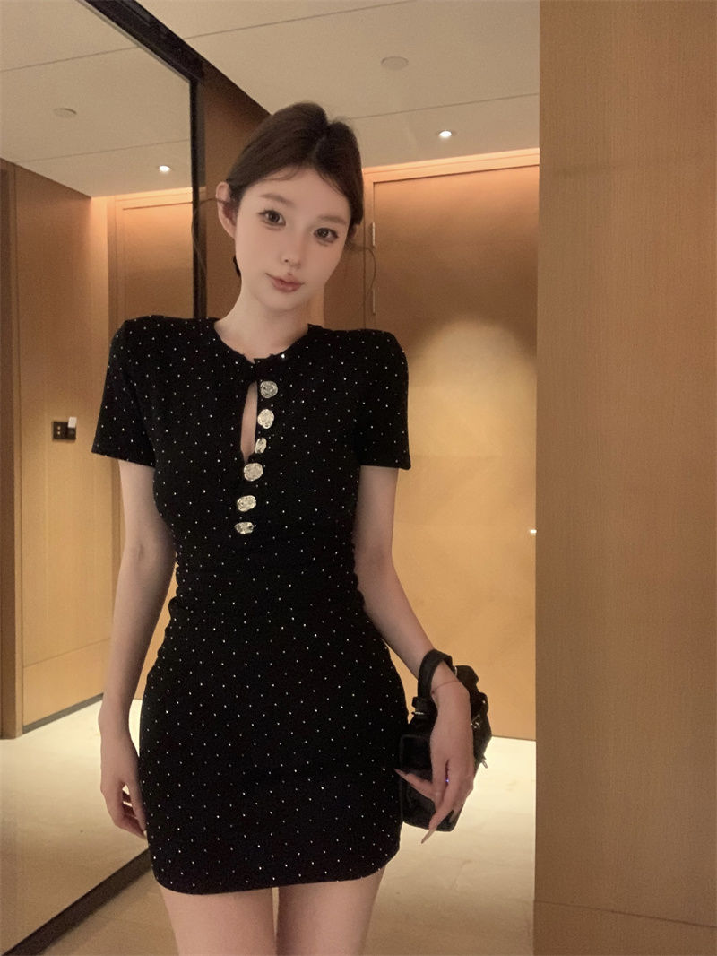 Beading Button Ornament Short Sleeve Short Dress LBD Strapless Bodycon Short Dress AP0528