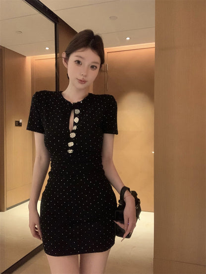 Beading Button Ornament Short Sleeve Short Dress LBD Strapless Bodycon Short Dress AP0528
