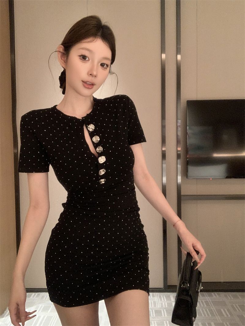 Beading Button Ornament Short Sleeve Short Dress LBD Strapless Bodycon Short Dress AP0528