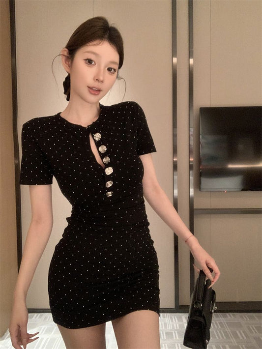 Beading Button Ornament Short Sleeve Short Dress LBD Strapless Bodycon Short Dress AP0528