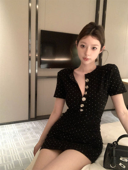 Beading Button Ornament Short Sleeve Short Dress LBD Strapless Bodycon Short Dress AP0528