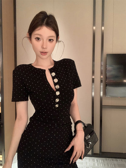 Beading Button Ornament Short Sleeve Short Dress LBD Strapless Bodycon Short Dress AP0528