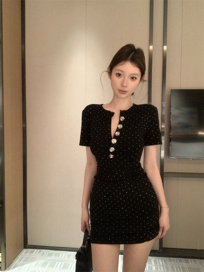 Beading Button Ornament Short Sleeve Short Dress LBD Strapless Bodycon Short Dress AP0528